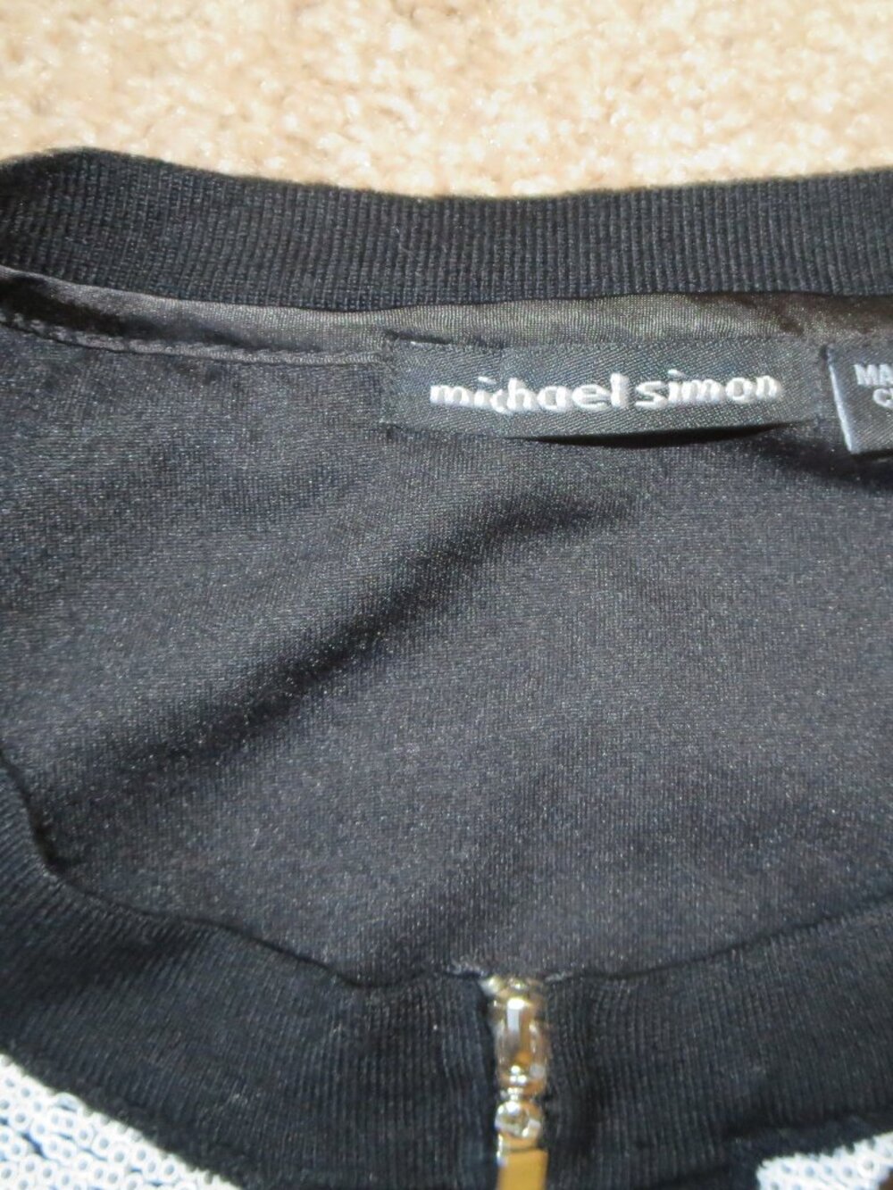 Vtg Michael Simon Womens Black Velour  Bead Embellished Top w/zipper Size=M